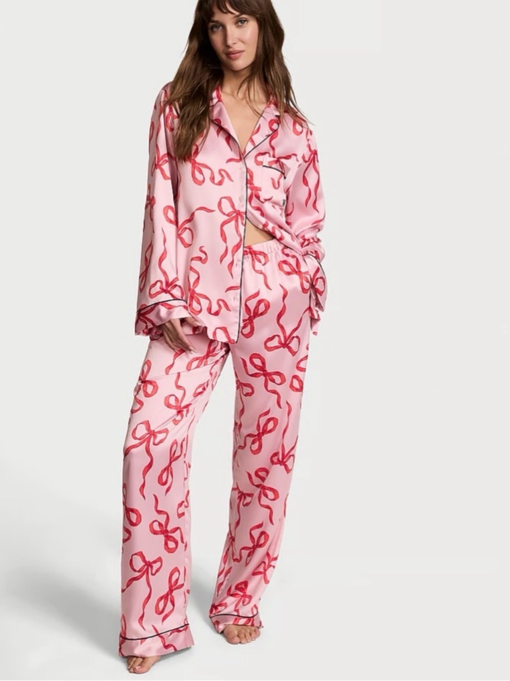 NWT 🎀 Victoria’s Secret Satin Pajama Set Chalk Rose Bows